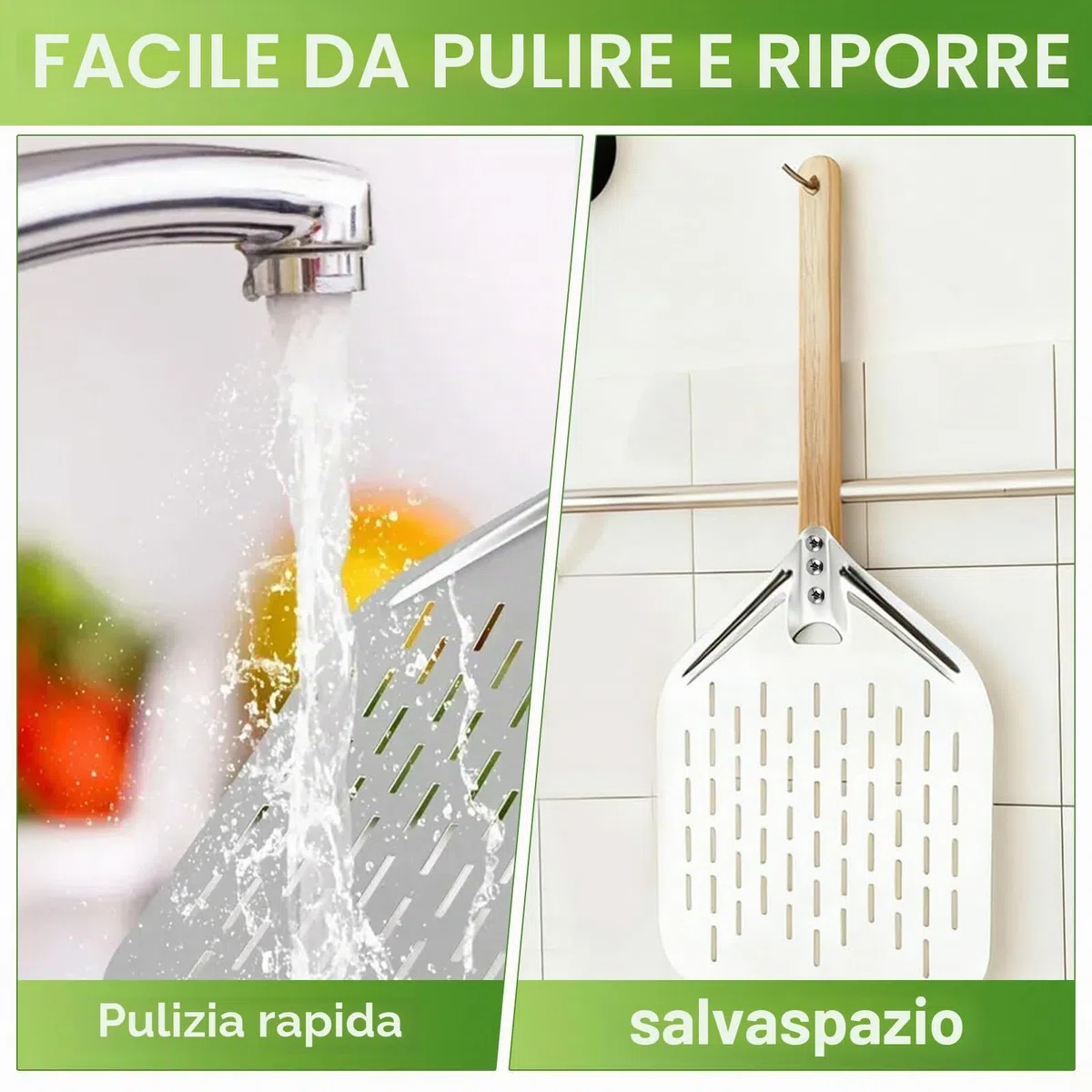 Pala per Pizza 12 Pollici, Pala per Pizza Forata in Alluminio con Manico in Legno Rimovibile, per Barbecue a Gas, Barbecue e Forno, per Riporre Facilmente La Pizza Grande (40 x 30 cm)