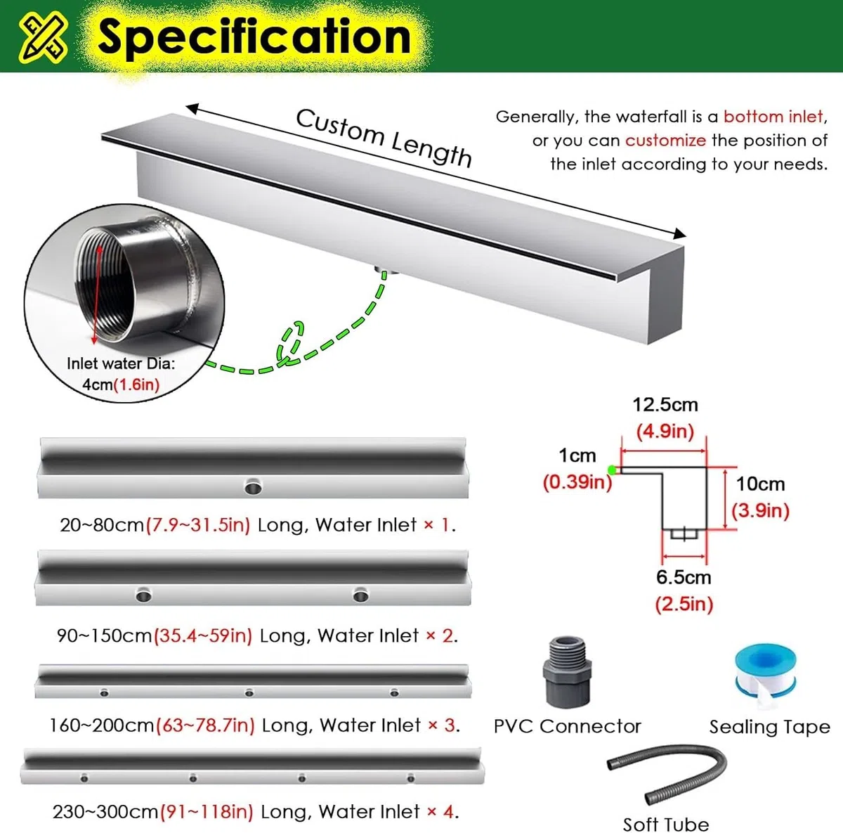 Fontana a cascata in acciaio inox, resistente alla ruggine, per giardino e patio, 90 cm, con beccuccio nero per stagno e cascata, 20, 30, 40, 150, 200 cm