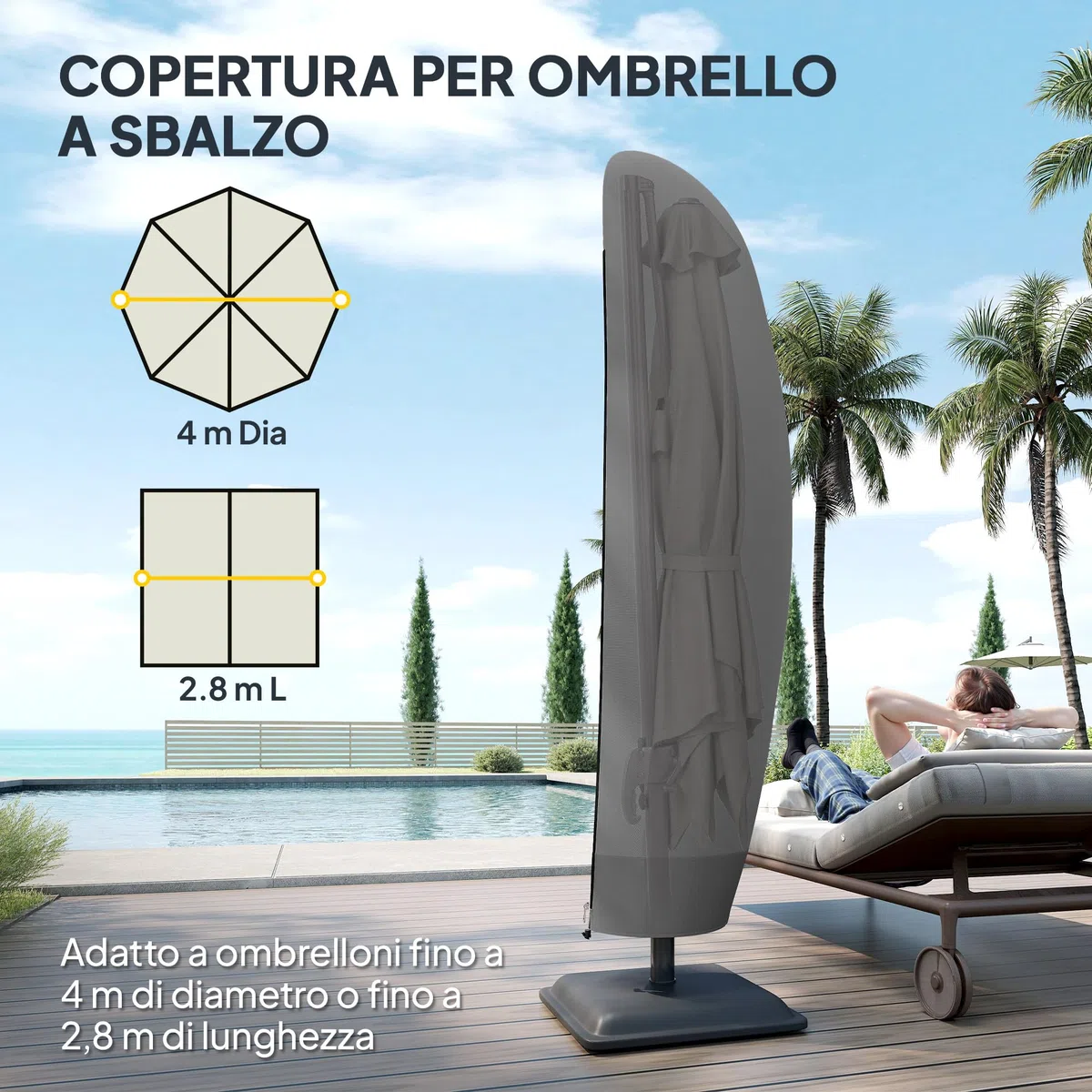 Outsunny Copri Ombrellone da Giardino Impermeabile, Copertura per Ombrelloni Rotondi da Ø396 cm o Quadrati da 304 cm con Cerniera e Laccio in Tessuto Oxford 600D, 220x56x56 cm, Nero
