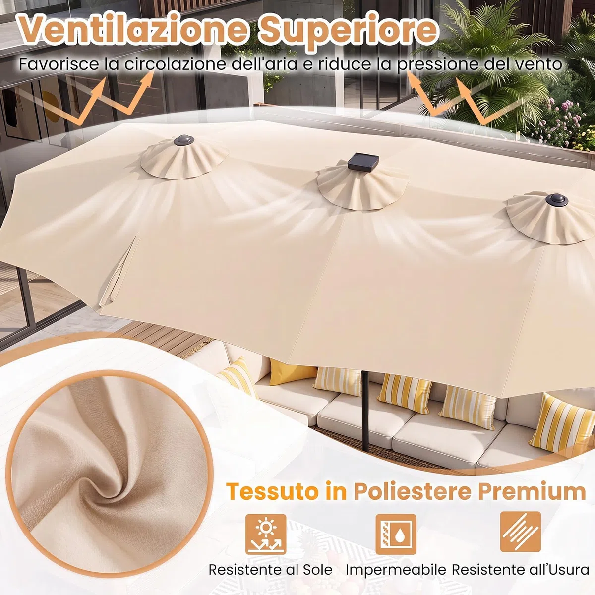 COSTWAY Ombrellone da Giardino Doppio 370 x 220 cm, con 12 Stecche, 108 Luci LED Solari, 12 Modalità, 3 Prese d'Aria, Manovella e Base, Anti-UV, per Spiaggia, Piscina e Cortile