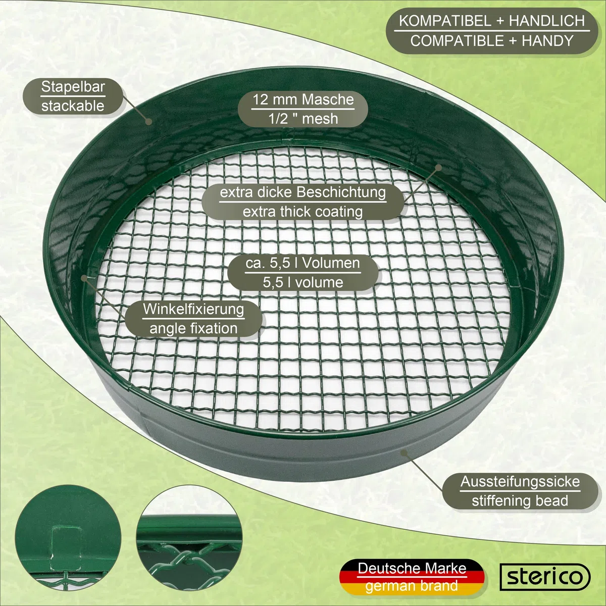 Sterico Setaccio da giardino in diverse misure di maglia | Setaccio rotondo Ø 33cm | Setaccio per sementi, terra, compost, pietre, erbacce, pietrisco | Accatastabile | Robusto (12mm)