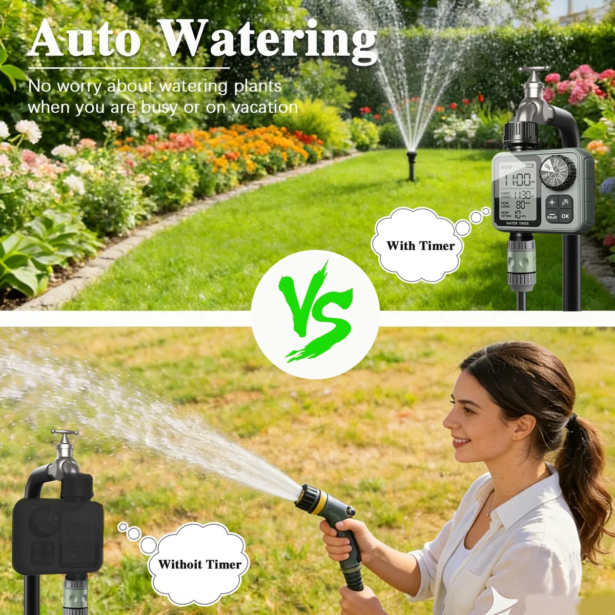 Timer irrigatore per tubo da giardino – Regolatore di irrigazione automatico con ritardo pioggia e modalità manuale, timer programmabile per tubo dell'acqua per prato, cortile, irrigazione a goccia