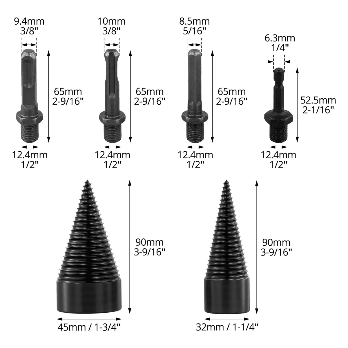 Spaccalegna per Trapano in Acciaio al Carbonio da 32 mm e 42 mm, con Tre Tipi di Maniglie Inclusi, Ideale per Uso Domestico e Outdoor