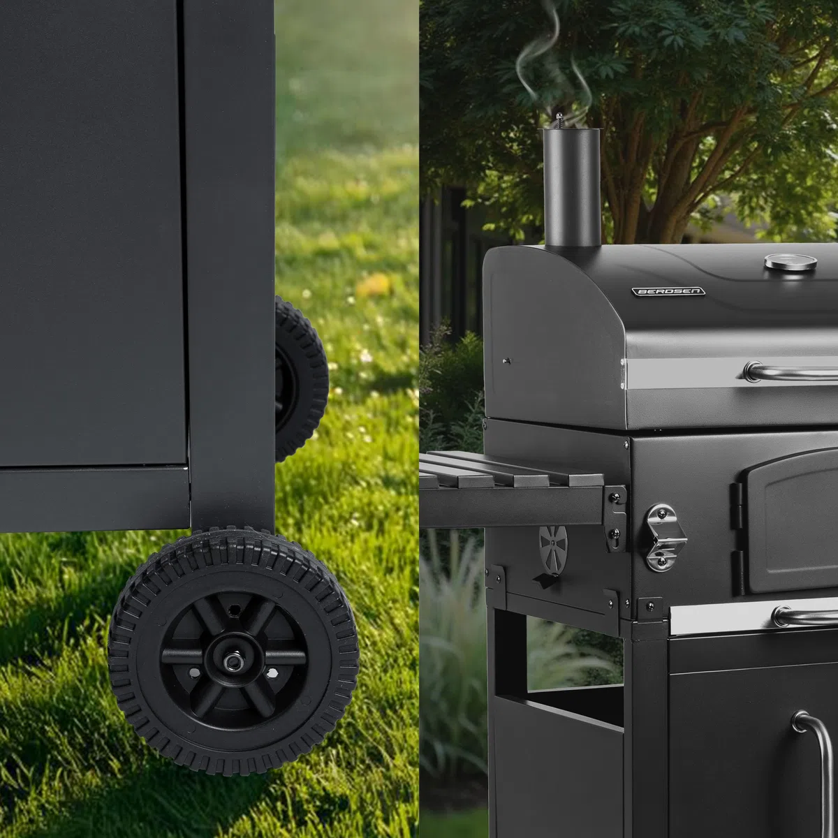 Berdsen BBQChef - Barbecue a carbonella con camino e griglia in ghisa, 41,5 x 57 cm, vassoio per carbone regolabile in altezza, termometro, ripiani laterali pieghevoli, mobiletto inferiore, griglia su
