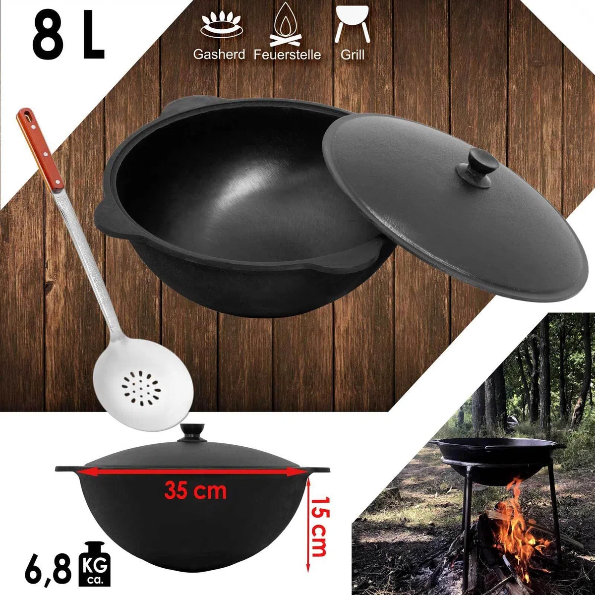 Wok ghisa 8 L (fondo rotondo) Kazan con schiumarola NAMANGAN Uzbek Kazan Uzbeko Asia WOK Cast Iron KESSEL Camping Uzbek Pentola con coperchio in alluminio Grillwok Pentola wok