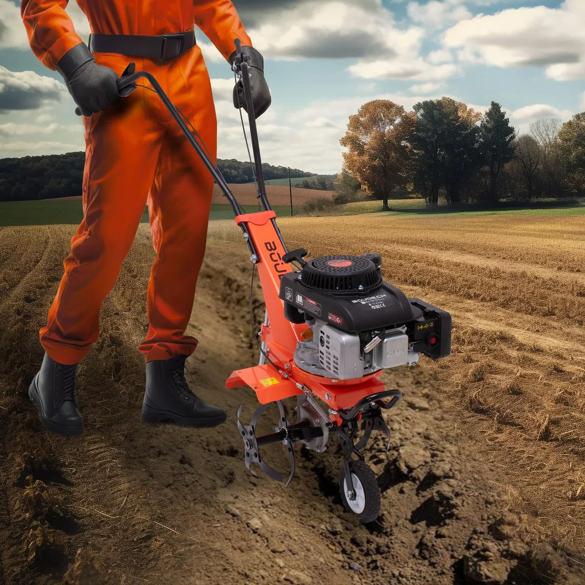 Boudech Tukang 140 - Motozappa per Orto a Scoppio a Benzina 4 tempi 2.5HP Motore 140cc con 4 Frese Ø30 cm 16 lame Larghezza di lavoro 37 cm Profondità di lavoro 30 cm