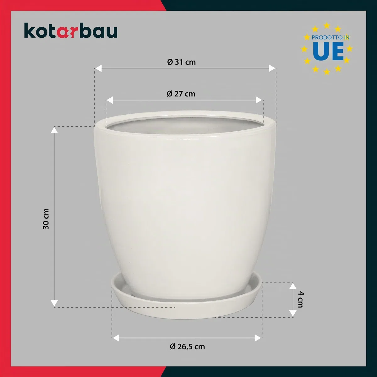 KOTARBAU Vaso da fiori con piattino in ceramica smaltata, diametro 31 cm, altezza 30 cm, grande vaso per cactus