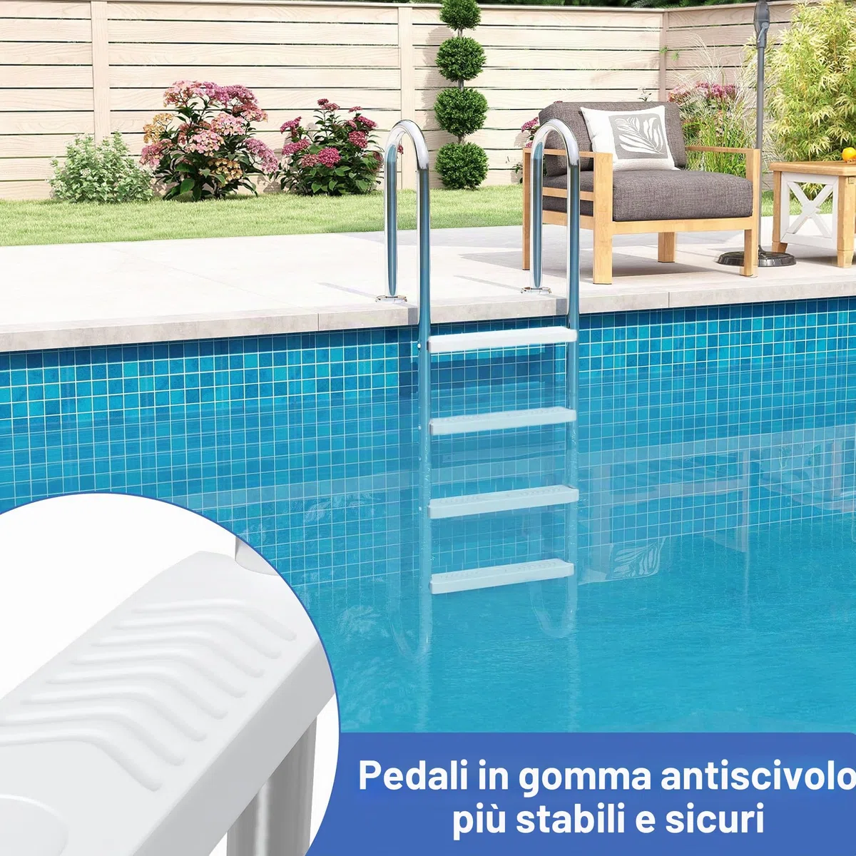 UISEBRT 304 - Scala per piscina in acciaio inossidabile con 4 gradini | 157 x 54 x 26,5 cm - Argento | Scala da piscina con antiscivolo | Scala per l'ingresso a piscina e vasca | Resistente fino a 150