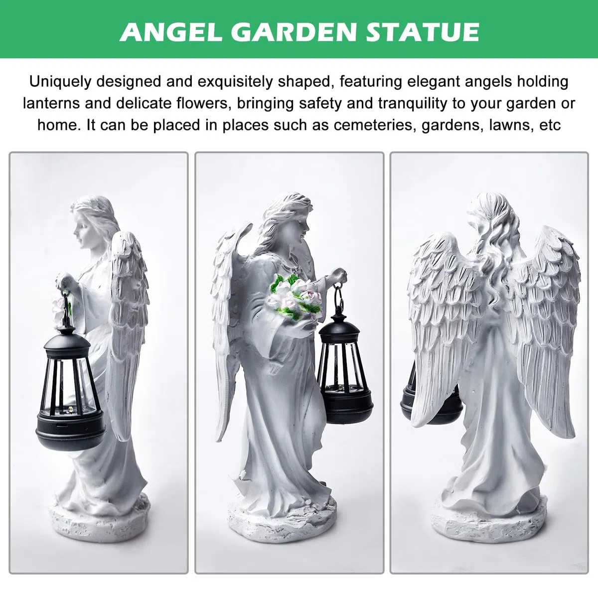 GOMETY Statue da giardino a forma di angelo custode con lanterna solare a LED, decorazione per esterni, scultura d'angelo, decorazione per prato, cortile, terrazza, davanzale