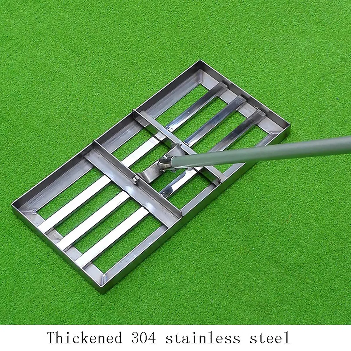 Rastrello livellatore per prato, in acciaio inox resistente, di grande capacità, manico da 109 cm, per giardino, campo da golf, strumento di livellamento