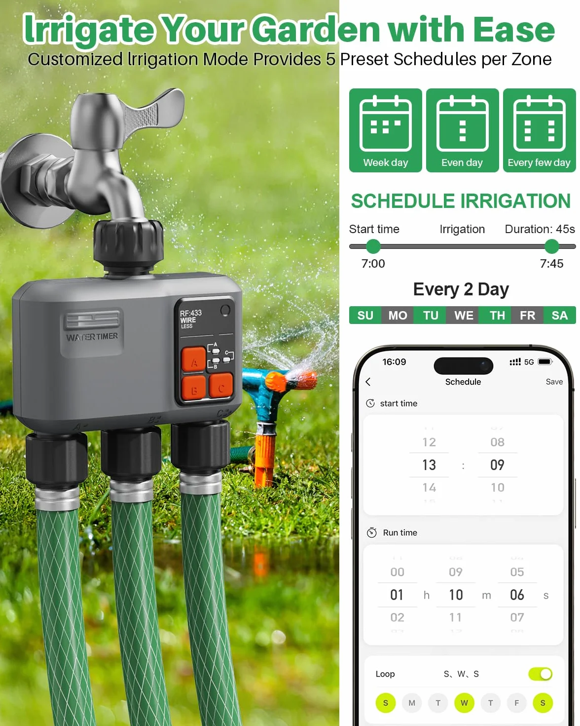 johgee Timer Irrigazione WiFi 3 Vie con Tecnologia RF 300M, Centralina Irrigazione WiFi, Compatibile con Alexa & App, Temporizzatore Irrigazione con 2 modalità & Ritardo Pioggia per Giardino, Prato