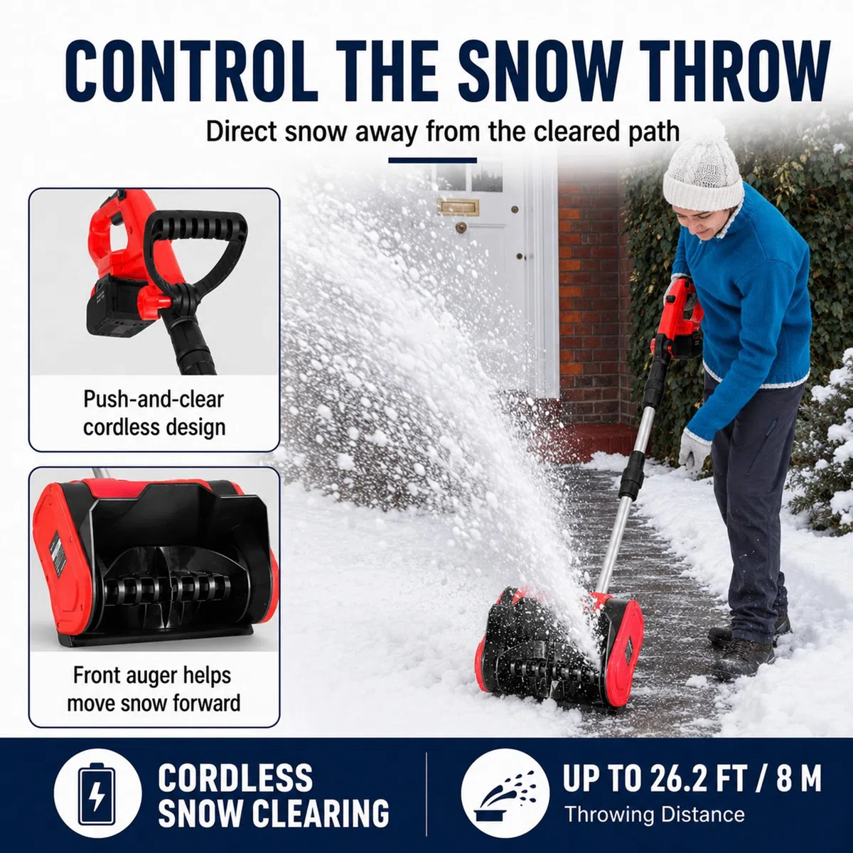 Fresa spazzaneve a Batteria, 31 cm, Lancio Neve Fino a 8 m | Motore da 1000 W e velocità di 3000 giri/min, supporta la rimozione regolare della neve negli spazi residenziali