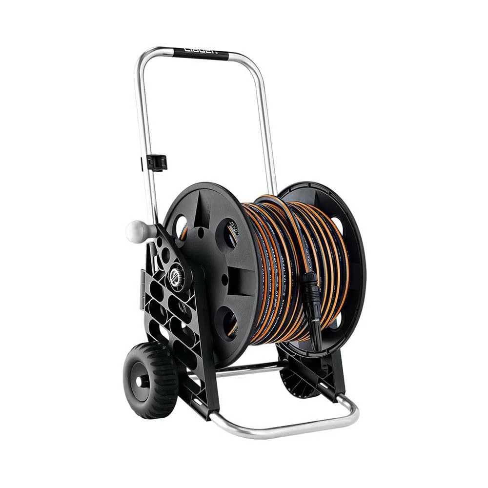 Claber Kit Pronto 30, carrello avvolgitubo manuale da giardino in plastica e alluminio con tubo e lancia
