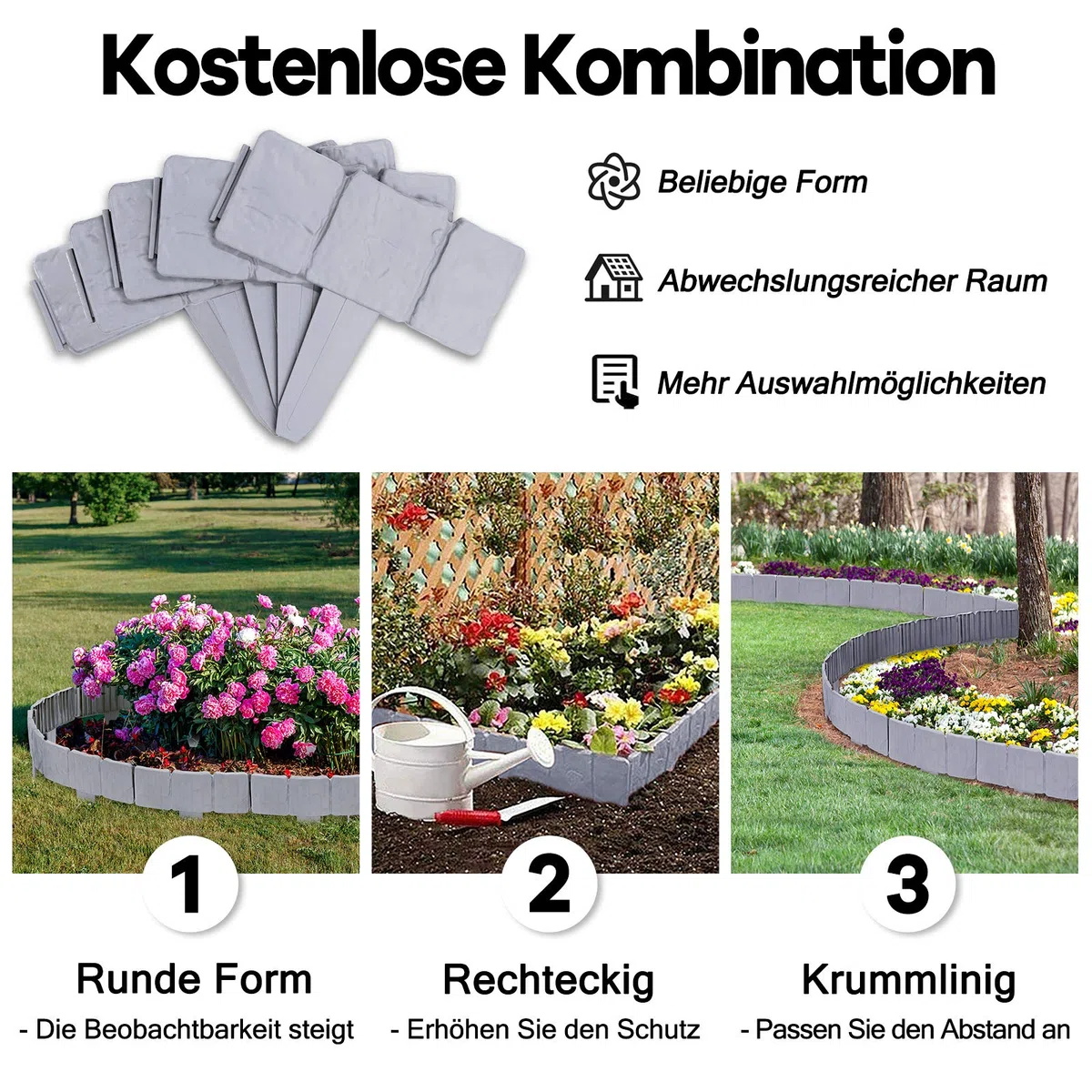 HENGMEI Bordo in Plastica Flessibile per Giardino Bordi per giardini effetto pietra 17,5m-70 Pezzi, 1 elemento (lunghezza x altezza): 25 cm x 23 cm, Grigio