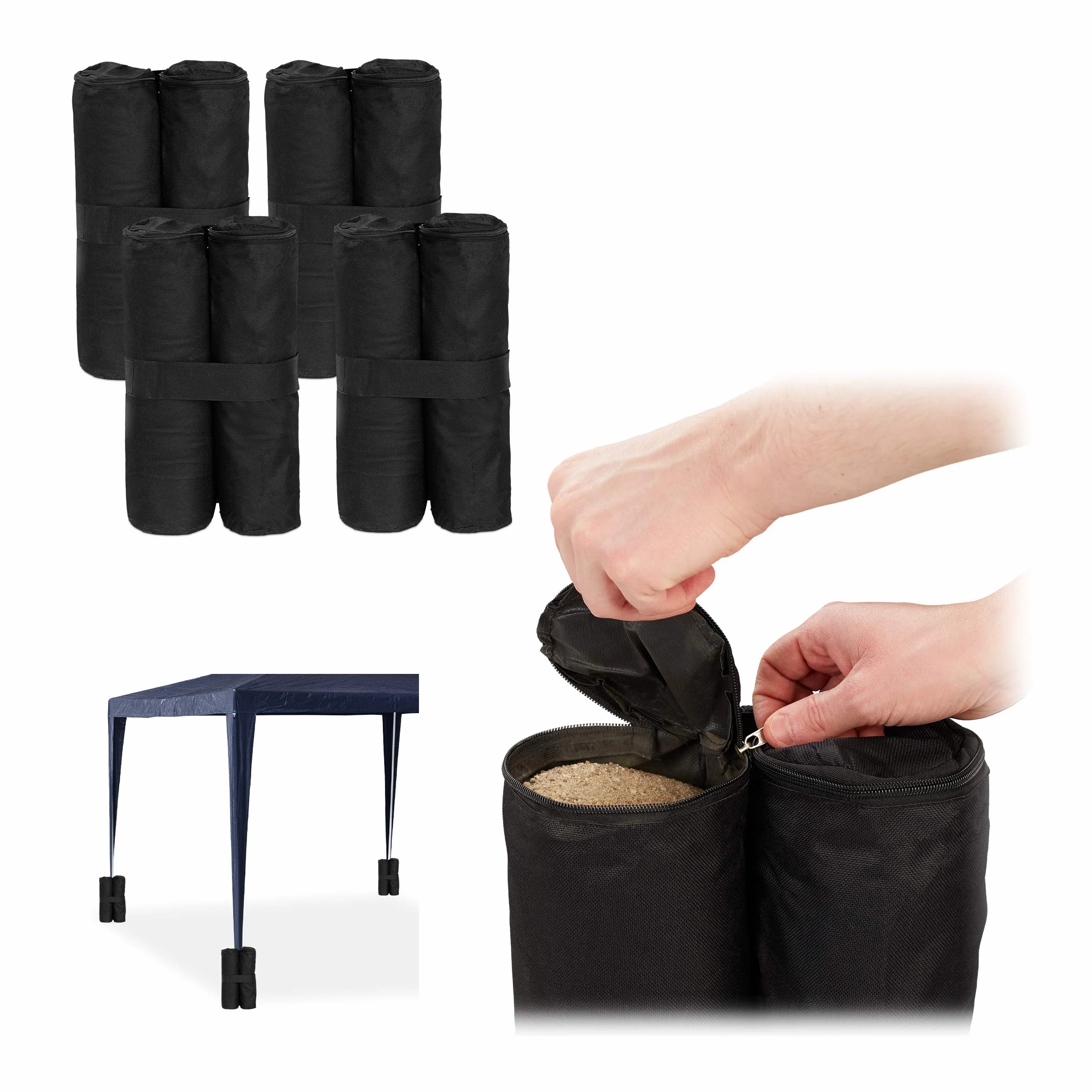 Relaxdays Pesi per Gazebo, Set da 4 Zavorre per Tende & Padiglioni, da Riempire con Sabbia o Pietre,10 kg per Piede,nero
