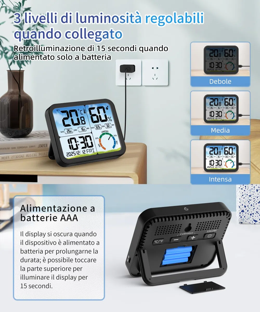 VOCOO Termometro digitale per interni – 5,8 pollici,display extra grande,misuratore di umidità accurato,termometro per ambiente con calibrazione,registrazioni max-Min,comfort,controluce,data (Black)