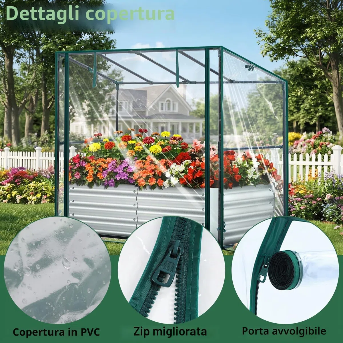 Ohuhu Aiuola rialzata 3 in 1 in metallo con serra e pellicola in PVC, fioriera rialzata con pomodoro, aiuola con struttura in acciaio, per giardino, 120 x 60 x 30 cm