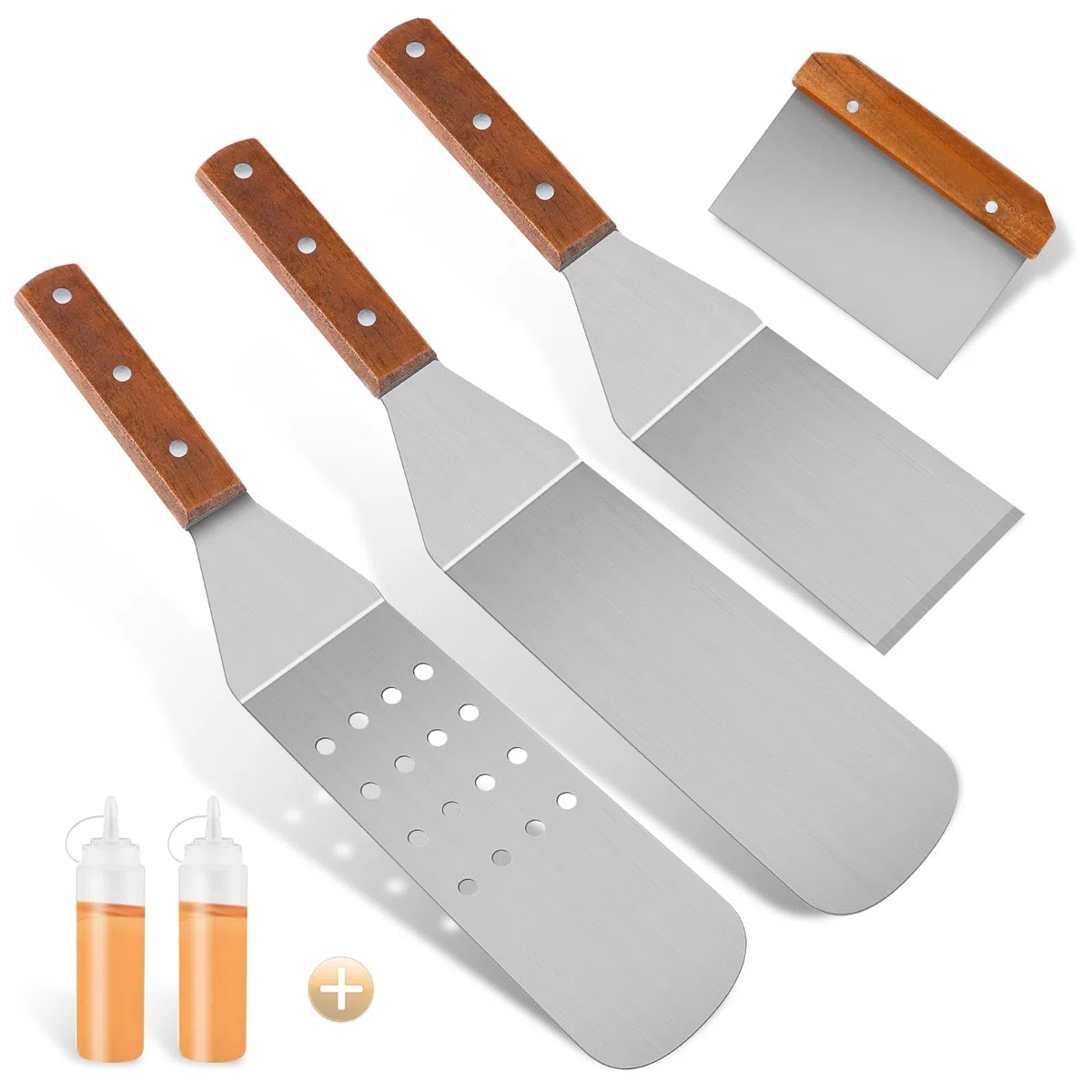 Set di 6 Spatola in Acciaio Inossidabile, Cucina Palette per Barbecue, Manici in Legno Isolanti Antiscivolo Spatole per Utensili per Grigliate in Ghisa Piatti