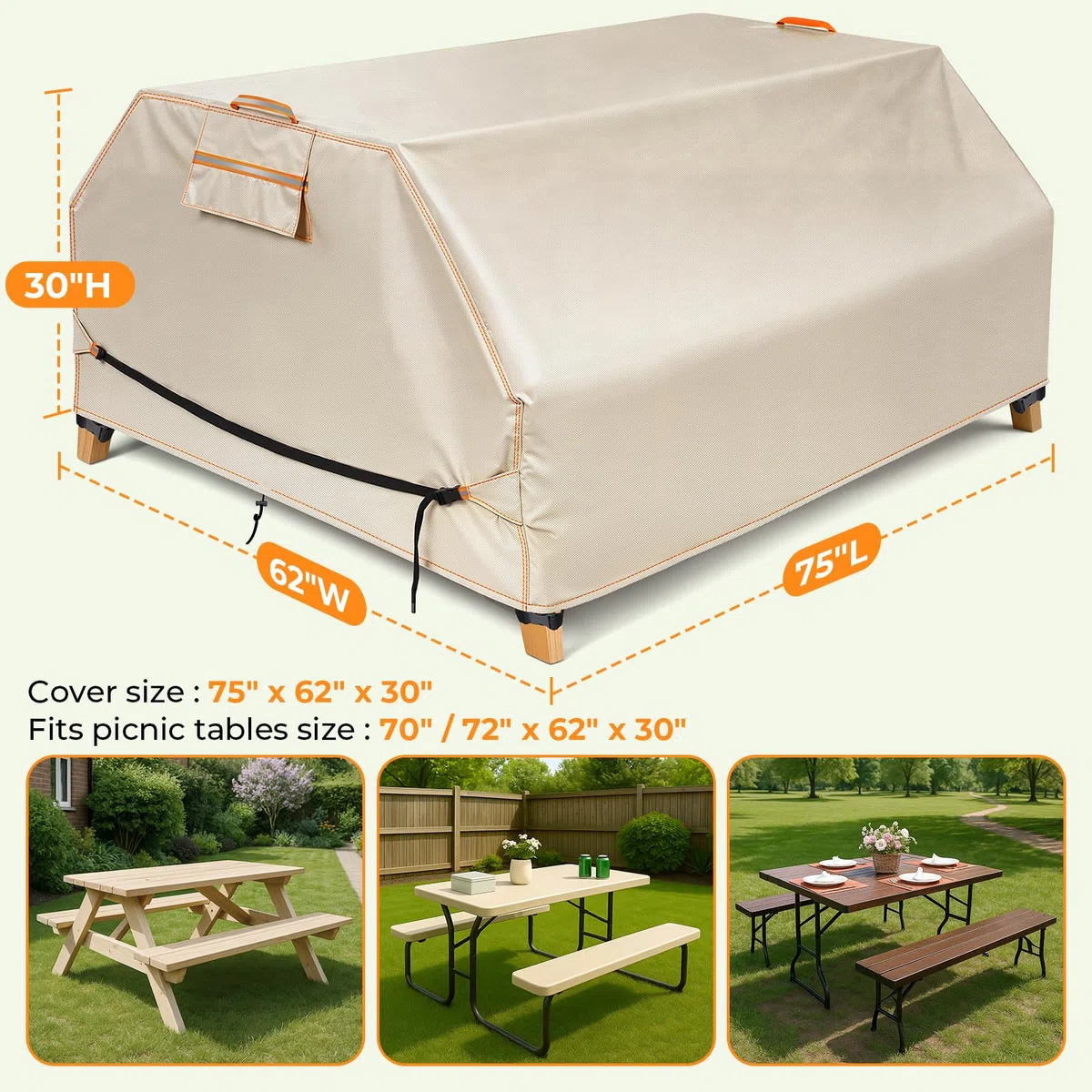 GARPROVM Copertura per tavolo da picnic per esterni, patio, tavolo da picnic, 178/182 cm, impermeabile, in tessuto Oxford 420D, resistente, antivento, color cachi