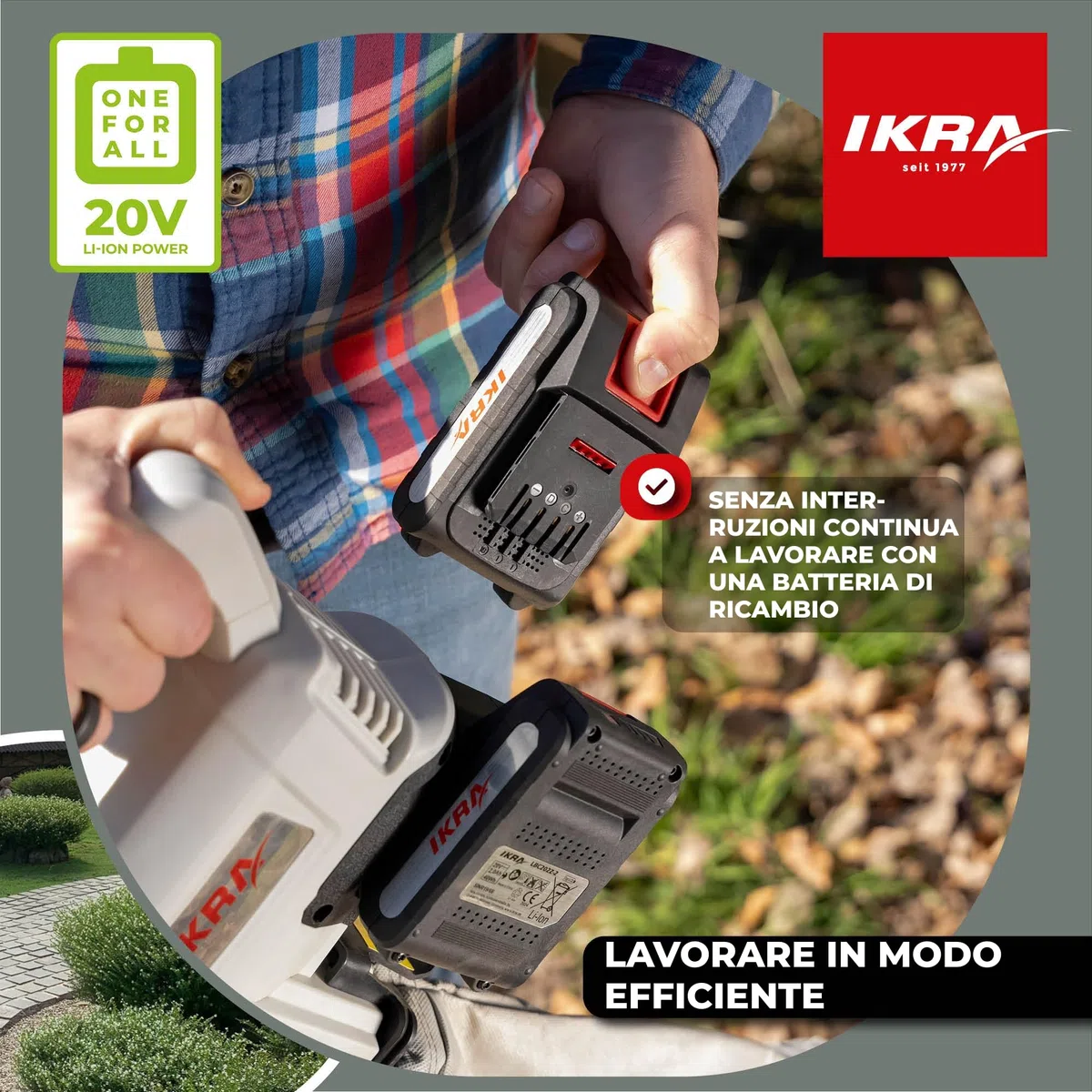 IKRA batteria 20V 2,0Ah LI 22, adatta a tutti gli attrezzi da giardino a batteria IKRA 20V, con display LED