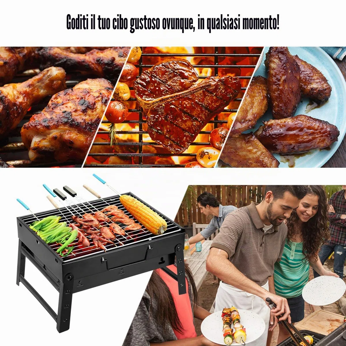 AGM Barbecue Carbone Portatile per 1-4 Persone, Barbecue Grill, BBQ Griglia in Acciaio a Carbone Pieghevole Portatile per Picnic, Viaggi, Patio o Campeggio in Giardino (40 x 27 x 20 CM)