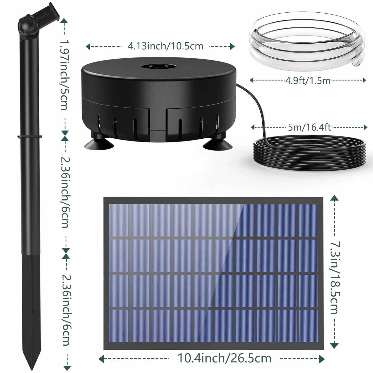 AMZtime 7W Pompa Fontana Solare, Fai Da Te Bagno per Uccelli Fontana Solare, con Ugelli Rotanti, Pali di Terra e 1.5M Tubo, 15 Effetti di Spruzzo D'acqua, Adatto per Giardino, Stagno, Piscina