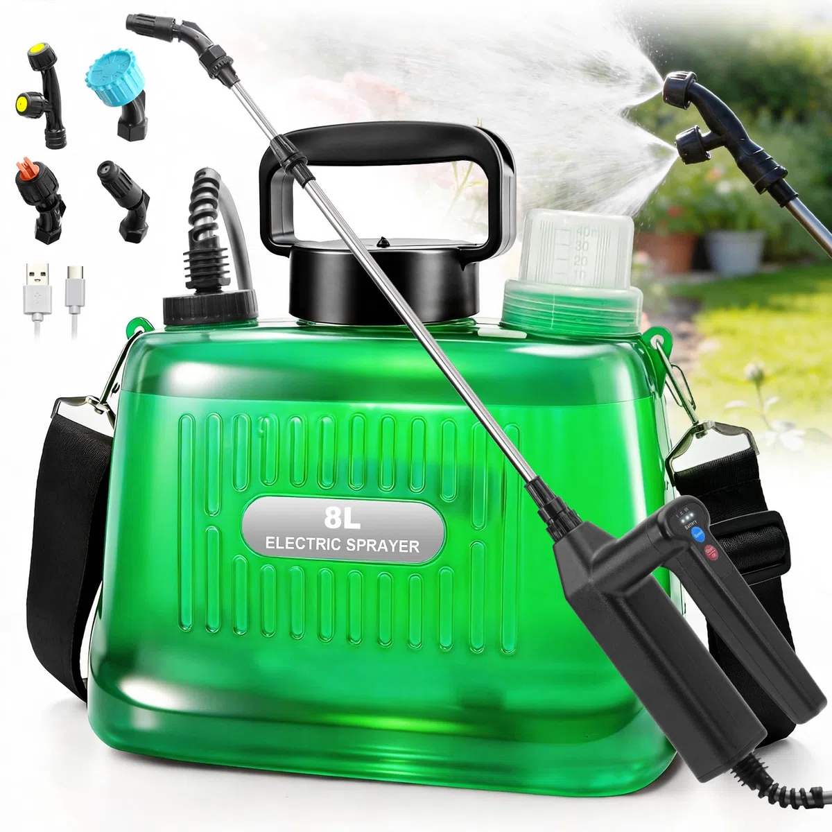 SideKing Pompa Irroratrice a Batteria 8L, Pompa per Diserbante per Giardino con Impugnatura a 3 Velocità, 4 Ugelli, Lancia Telescopica e Tracolla, Spruzzatore Elettrico per Prato, Vialetti e Piante