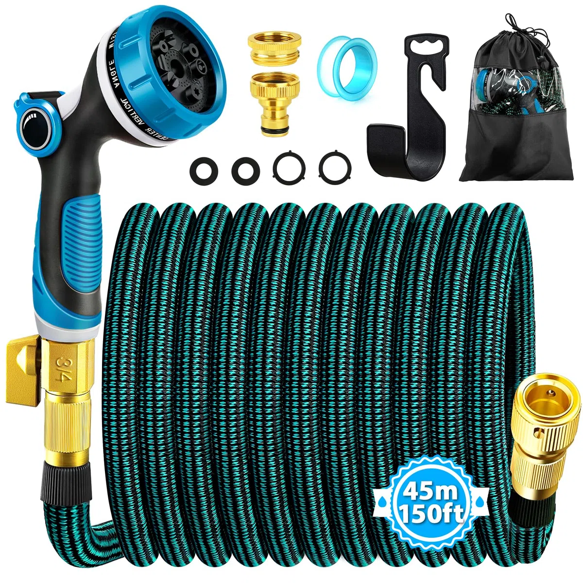 Tubo Acqua Giardino,Tubo Estensibile da Giardino con connettore in ottone da 3/4' e 1/2',Canna Acqua Giardino con ugello spruzzatore a 10 funzioni,45 metri Gomma per Innaffiare,Tubo Irrigazione (45M)