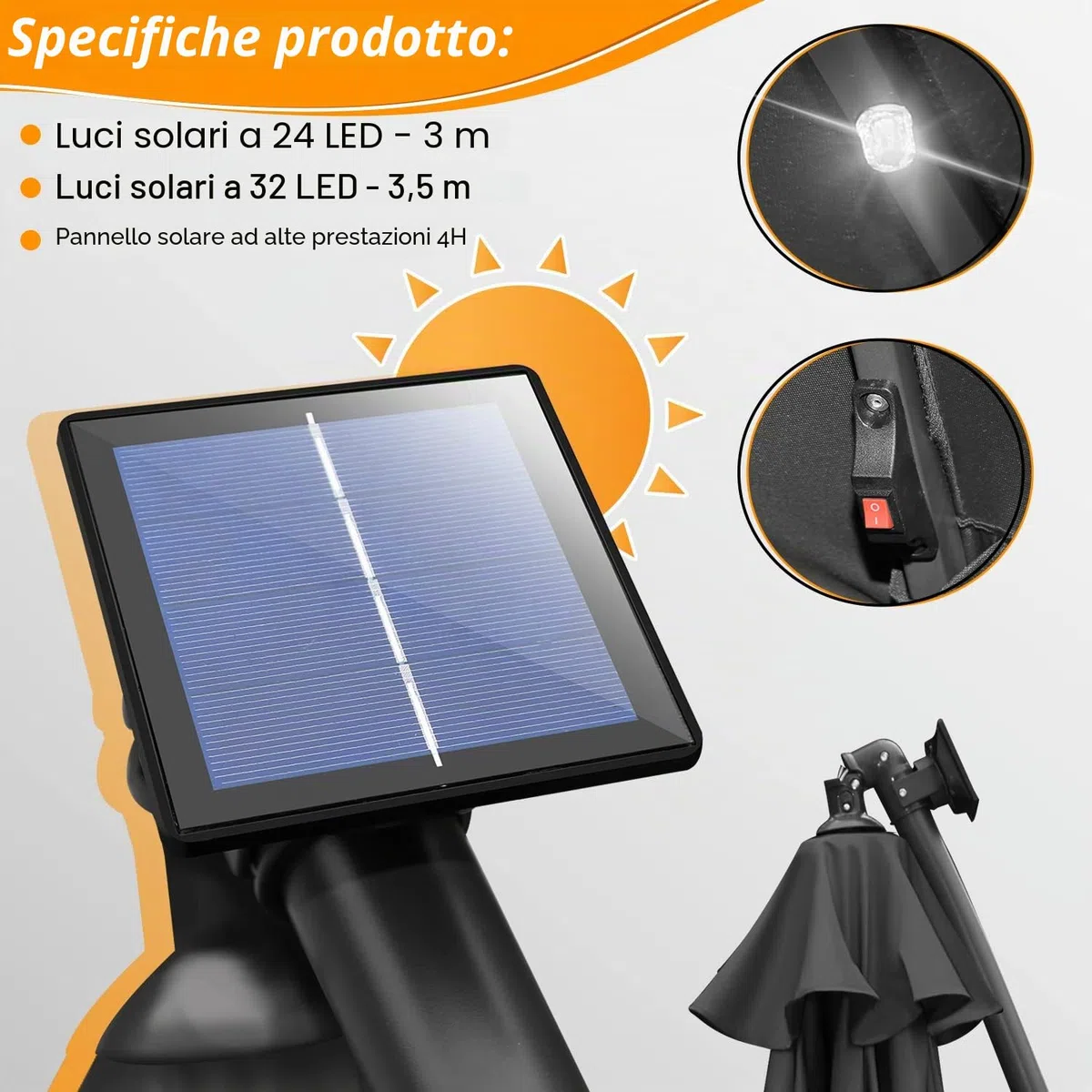 Fiqops Ombrellone LED a energia solare, Ø 350 cm, con manovella, in alluminio, con supporto, protezione solare, protezione dai raggi UV, in alluminio, per il mercato, impermeabile per il giardino
