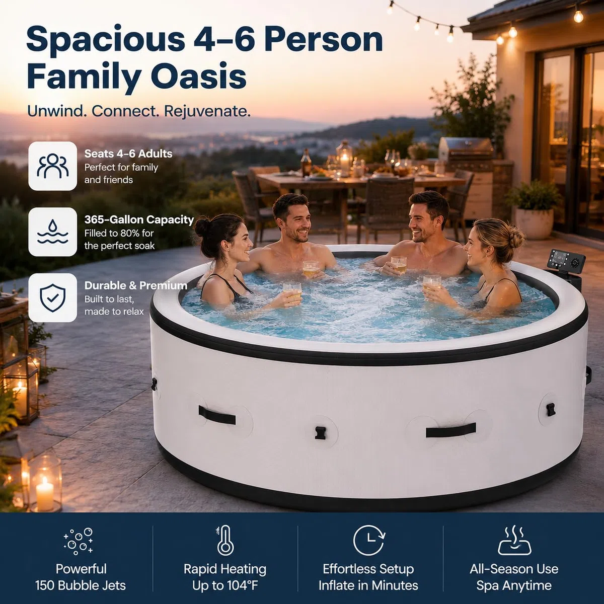 Piscina Idromassaggio Gonfiabile Esterno 4-6 Adulti, 206 cm Grande Spa Portatile con 150 Getti Aria, Riscaldamento Rapido 40°C, LED 6 Colori, Vasca Antiforatura per Giardino Patio