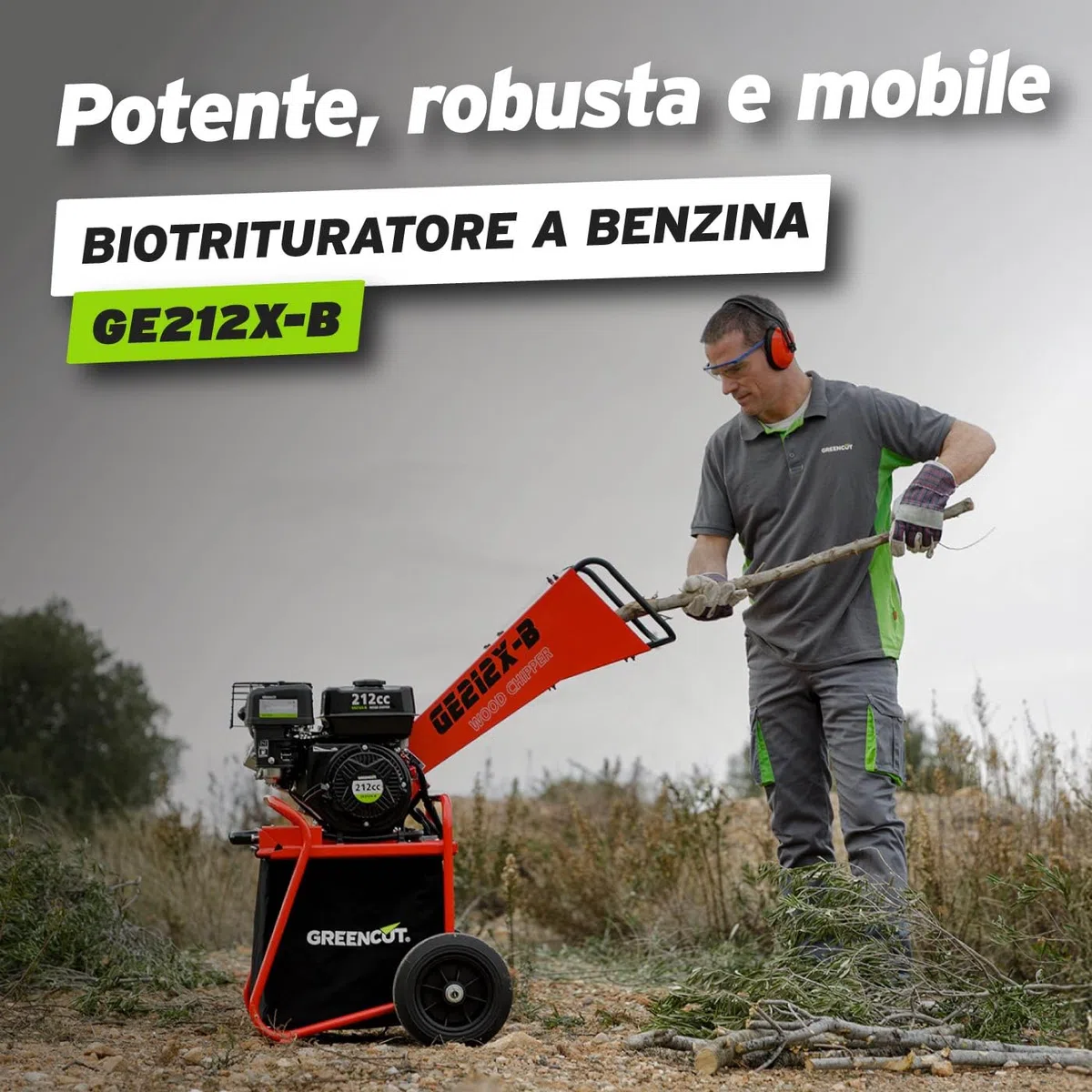 GREENCUT GE212X-B - Trituratore a benzina 212cc 7cv, tritura rami fino a 50 mm, include sacco da 64 L, con ruote e maniglia per il trasporto, rosso