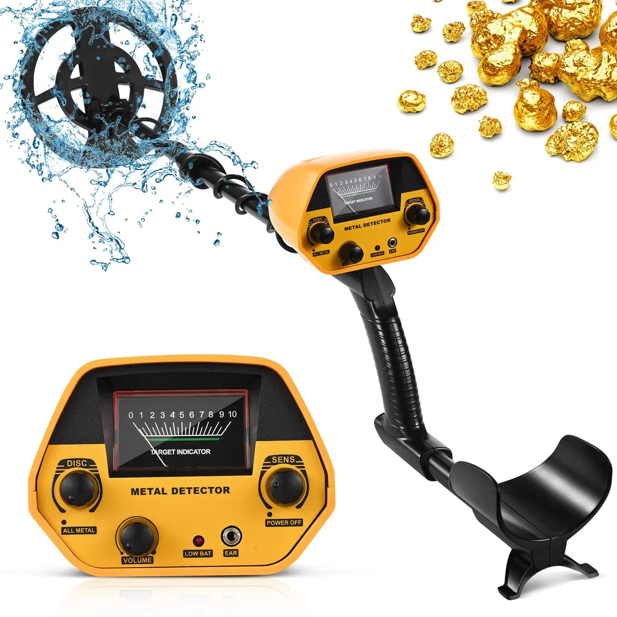 Rivelatore di metallo ad alta precisione, impermeabile, rilevatore d'oro, regolabile in altezza 78-108 cm, con bobina di ricerca da 25 cm, per bambini e adulti