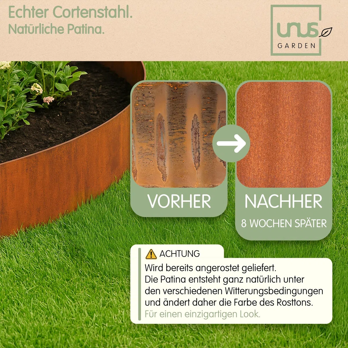 UNUS Bordo per prato, in acciaio corten, liscio, 10 m x 10 cm, flessibile, effetto ruggine, per aiuole, prati e sentieri