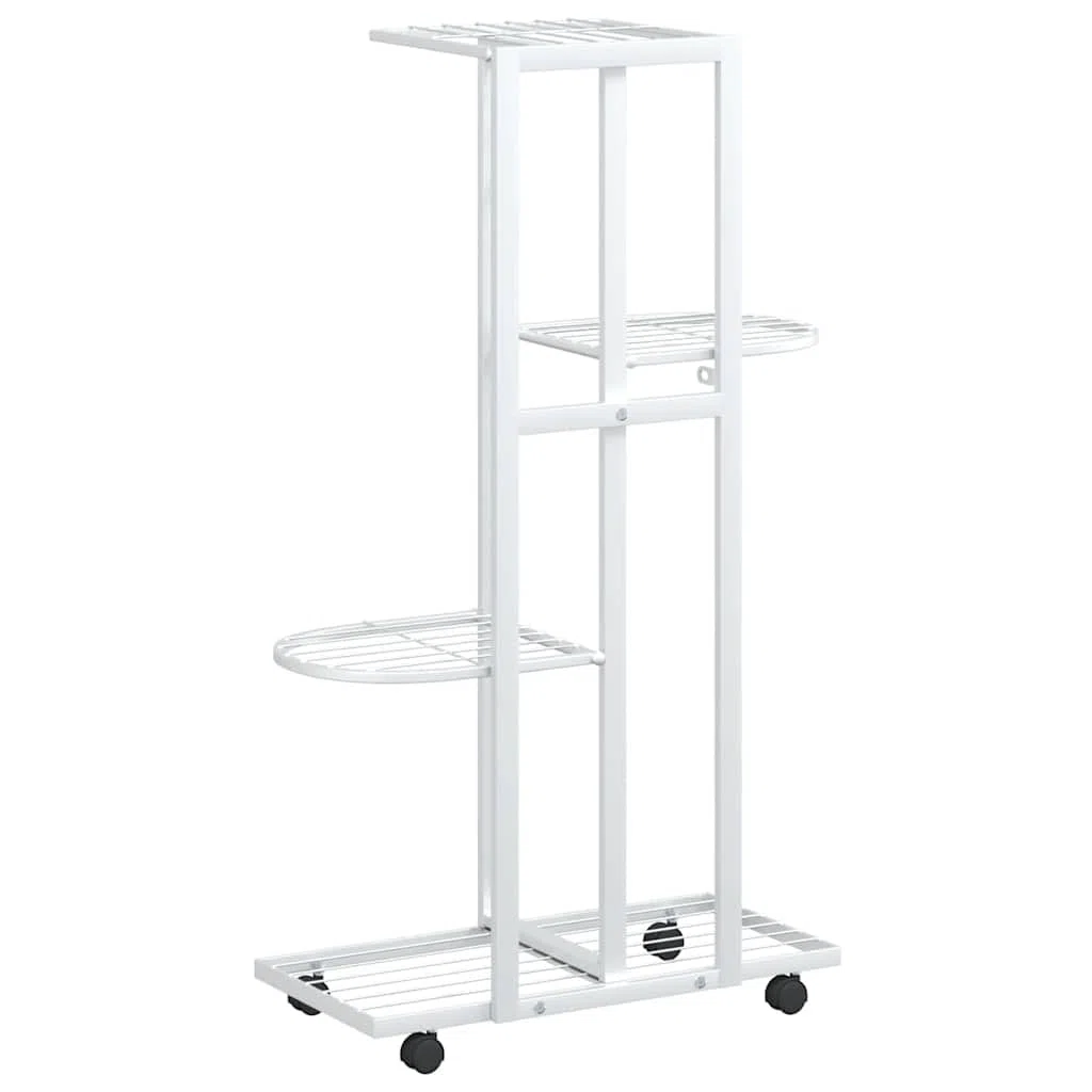 Portafiori a 4 ripiani con ruote, 44 x 23 x 80 cm, in ferro bianco, scaffale per piante per balcone, terrazza, soggiorno, multipiano, per vaso ed erbe aromatiche