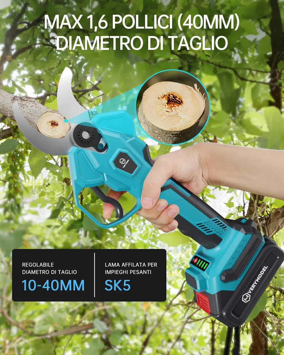 Forbici Potatura Batteria con Asta Telescopica, 10-40mm Kit Forbici Potatura Con 21V 2x4000mAh, Motore Brushless, Display Digitale, Cesoie Elettriche per Giardinaggio, Alberi