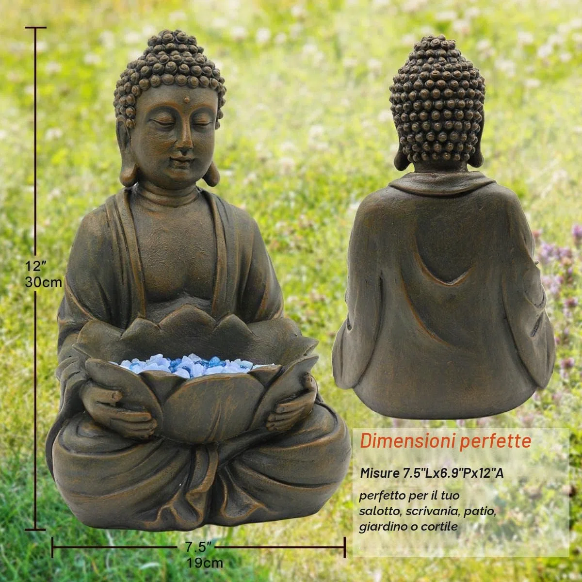 Yeomoo Statuetta di Buddha da meditazione, decorazione da giardino per esterni, Zen Buddha, decorazione da giardino, soggiorno, balcone, grande figura con ciottoli di loto e pietra di vetro, regalo