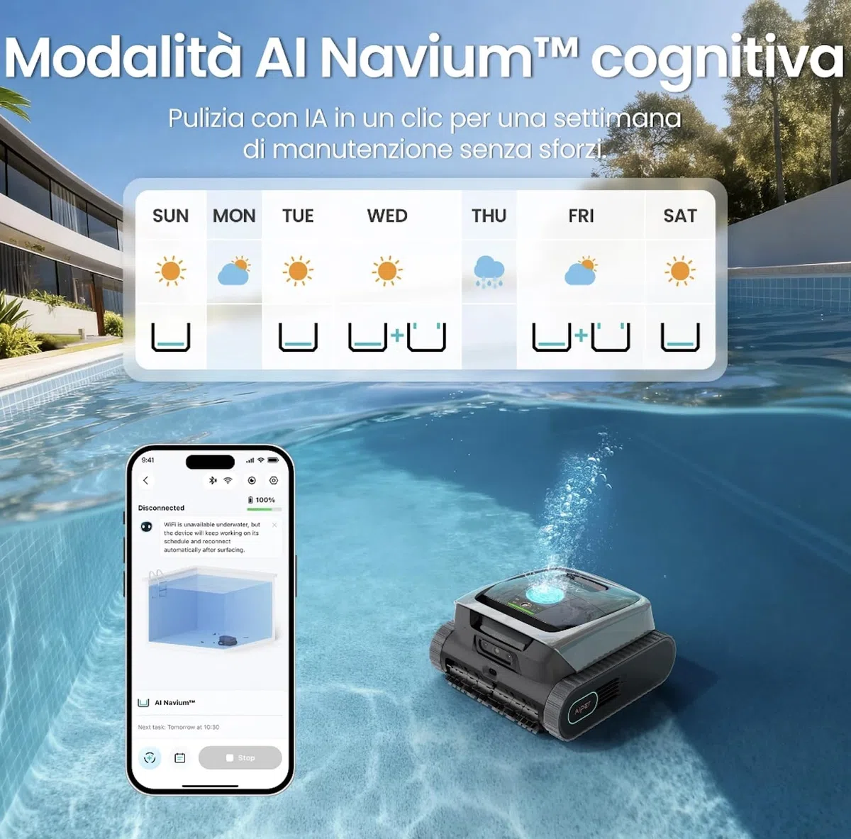 Aiper Scuba V3 Robot Piscina Senza Fili con Navigazione Intelligente AI, Pulizia Fondo e Linea d’Acqua, Filtrazione MicroMesh, Ideale per Piscine Interrate e Fuori Terra, fino a 150m²