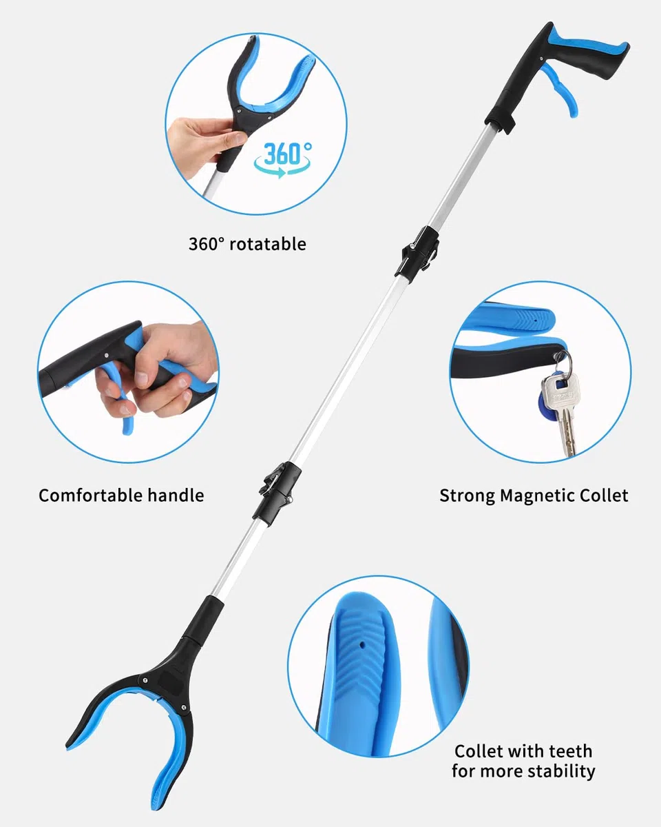 Pinza telescopica Pieghevole per anziani in alluminio, 110 cm, pieghevole con punte magnetiche, per la raccolta dei rifiuti (Blu)