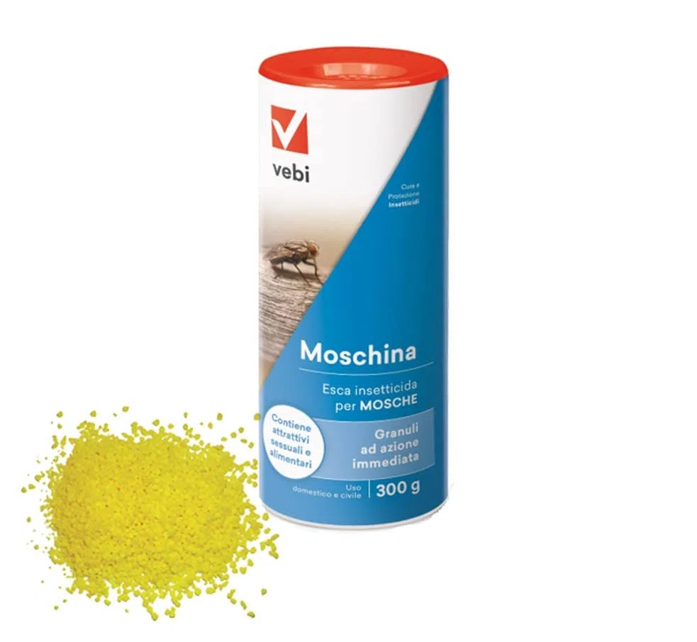 Vebi MOSCHINA Esca Insetticida Mosche Granulare Azione Rapida con Attrattivi Sessuali e Alimentari da 300 GR