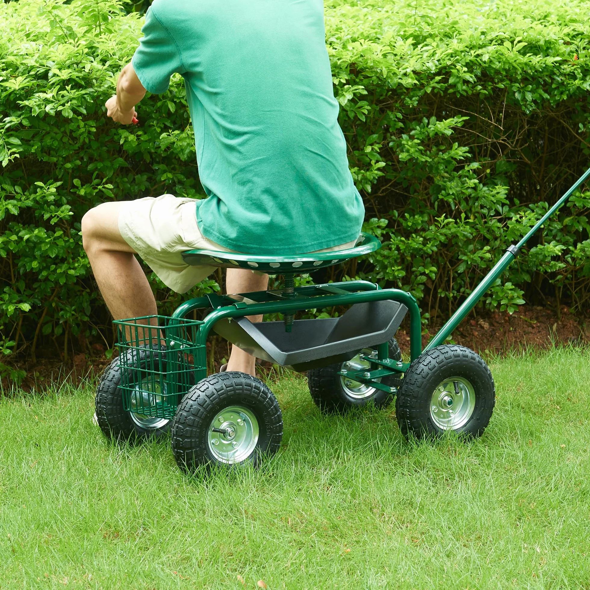 pro.tec Sgabello da Giardinaggio con Ruote Pneumatiche e Sedile Regolabile in Altezza Carrello in Acciaio da Giardino 81x45 cm con Manico Vassoio e Cestello Porta Attrezzi - Verde/Nero/Argento